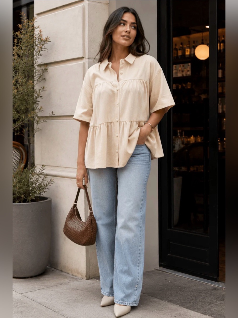 🌟B735. Stylish Cotton Button Front Peplum Shirt Top in Cream